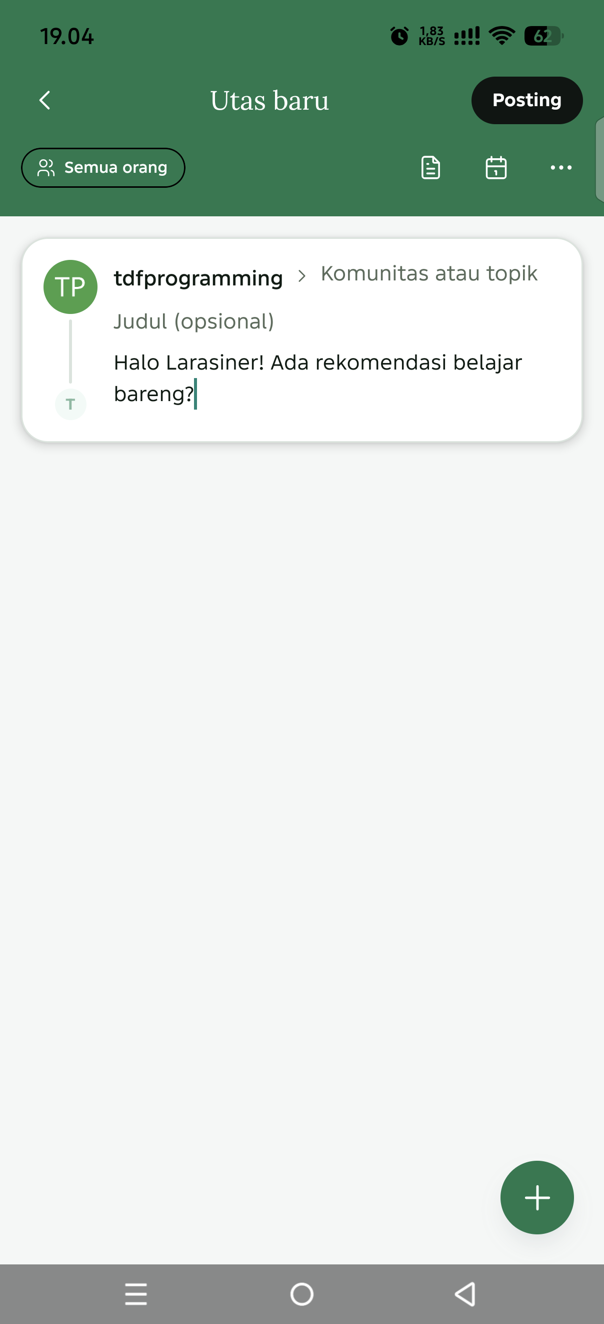 Composer Utas baru di Android dengan teks contoh dan tombol Posting