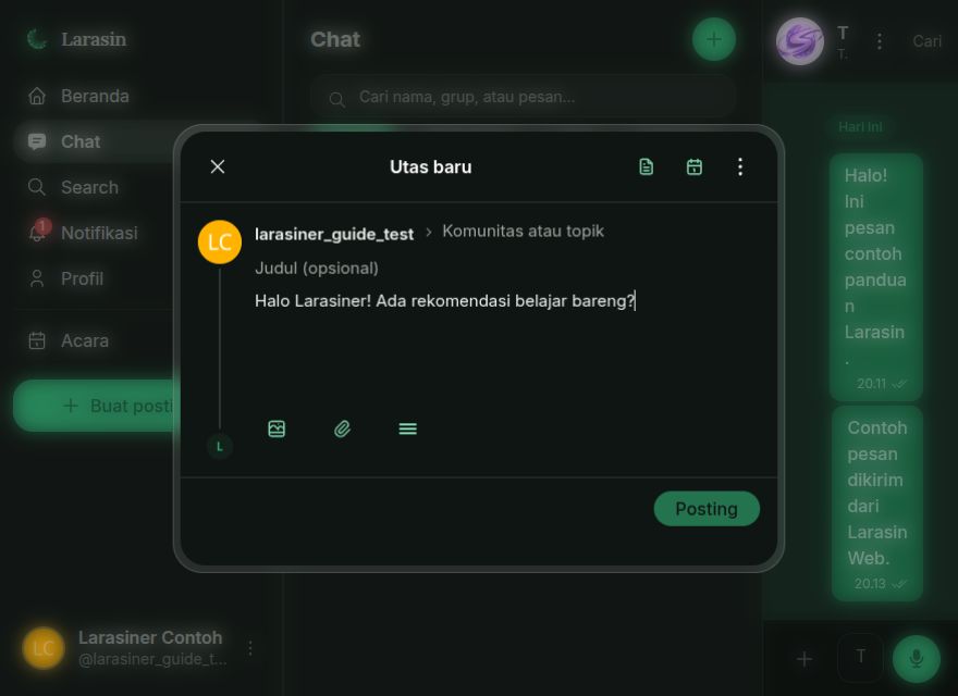Dialog Utas baru di web dengan isi posting contoh dan pilihan lampiran
