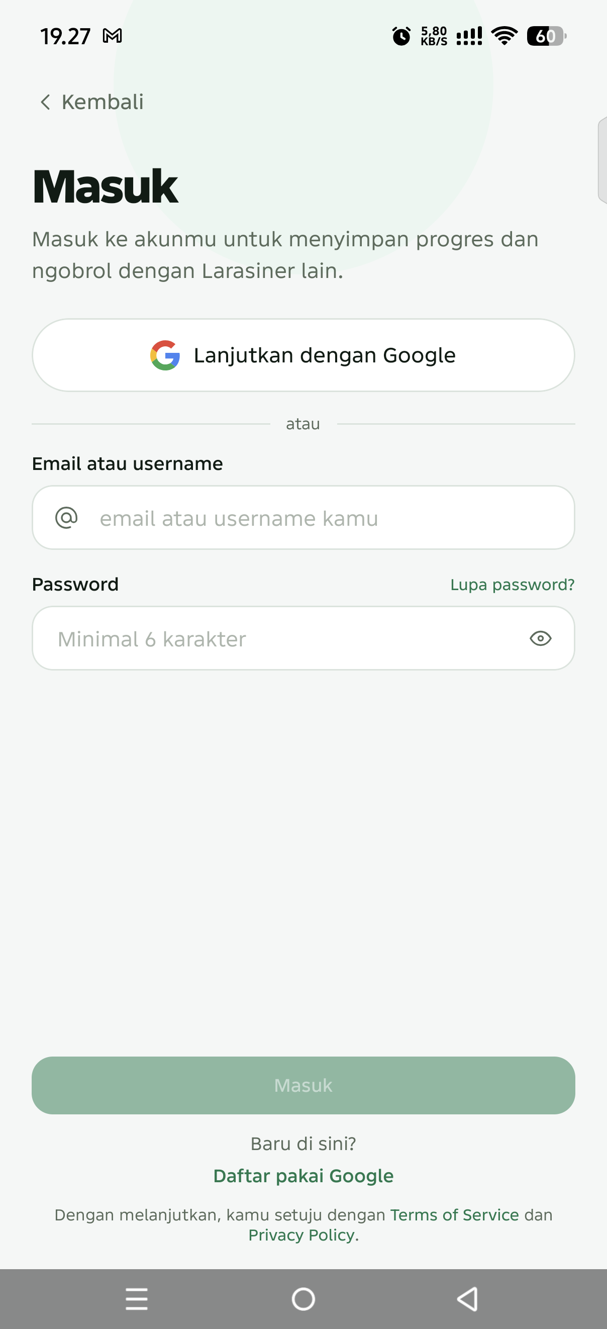 Layar masuk Android dengan tombol Lanjutkan dengan Google dan Daftar pakai Google untuk memulai pendaftaran