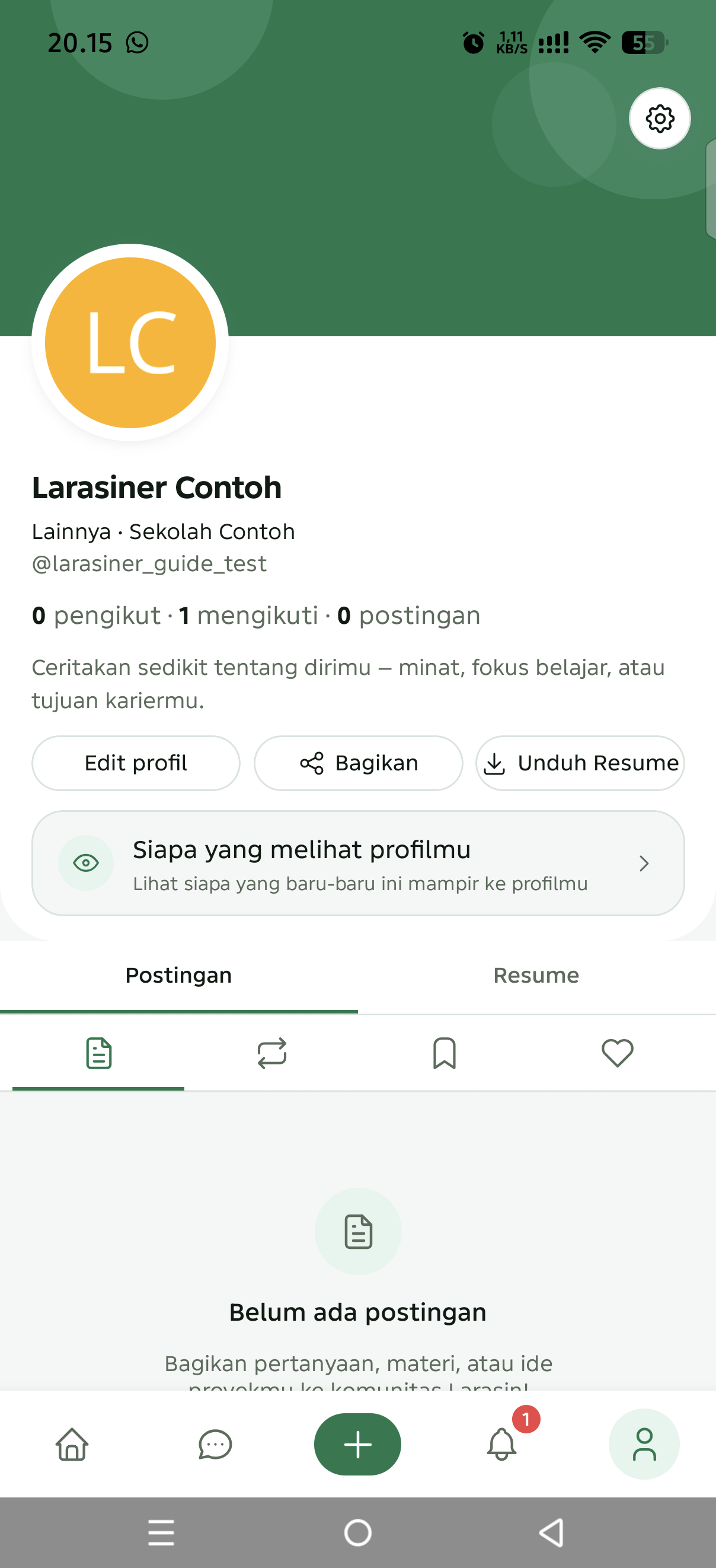 Profil Larasiner Contoh setelah pendaftaran berhasil, dengan username dan pendidikan contoh